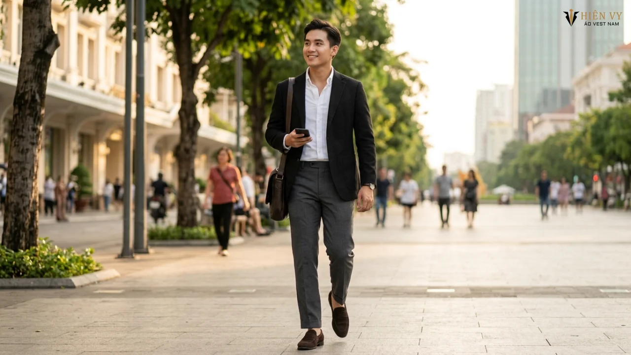 Doanh nhân trẻ trung tự tin sải bước trên phố Nguyễn Huệ, Sài Gòn, diện áo vest đen tách lẻ phối cùng quần tây màu xám ghi và giày loafer da lộn
