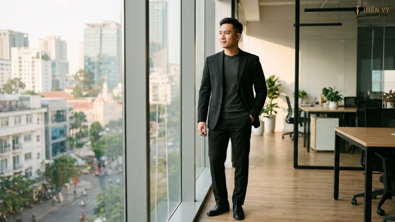 Quý ông công sở lịch lãm trong bộ vest đen phối cùng áo thun dệt kim mỏng nhẹ, đứng bên cửa sổ kính lớn của văn phòng hiện đại tại quận 1, Sài Gòn