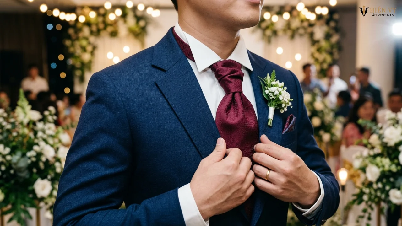 Cận cảnh chi tiết ve áo vest chú rể xanh navy phối cùng sơ mi trắng tinh khôi và cravat màu đỏ rượu sang trọng