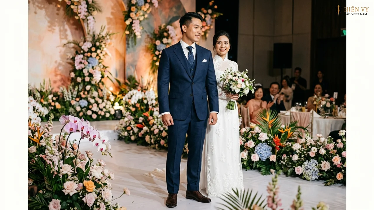 Chú rể lịch lãm trong bộ vest cưới xanh navy ba mảnh đứng bên cạnh cô dâu trên sân khấu tiệc cưới ngập tràn hoa tươi tại Việt Nam